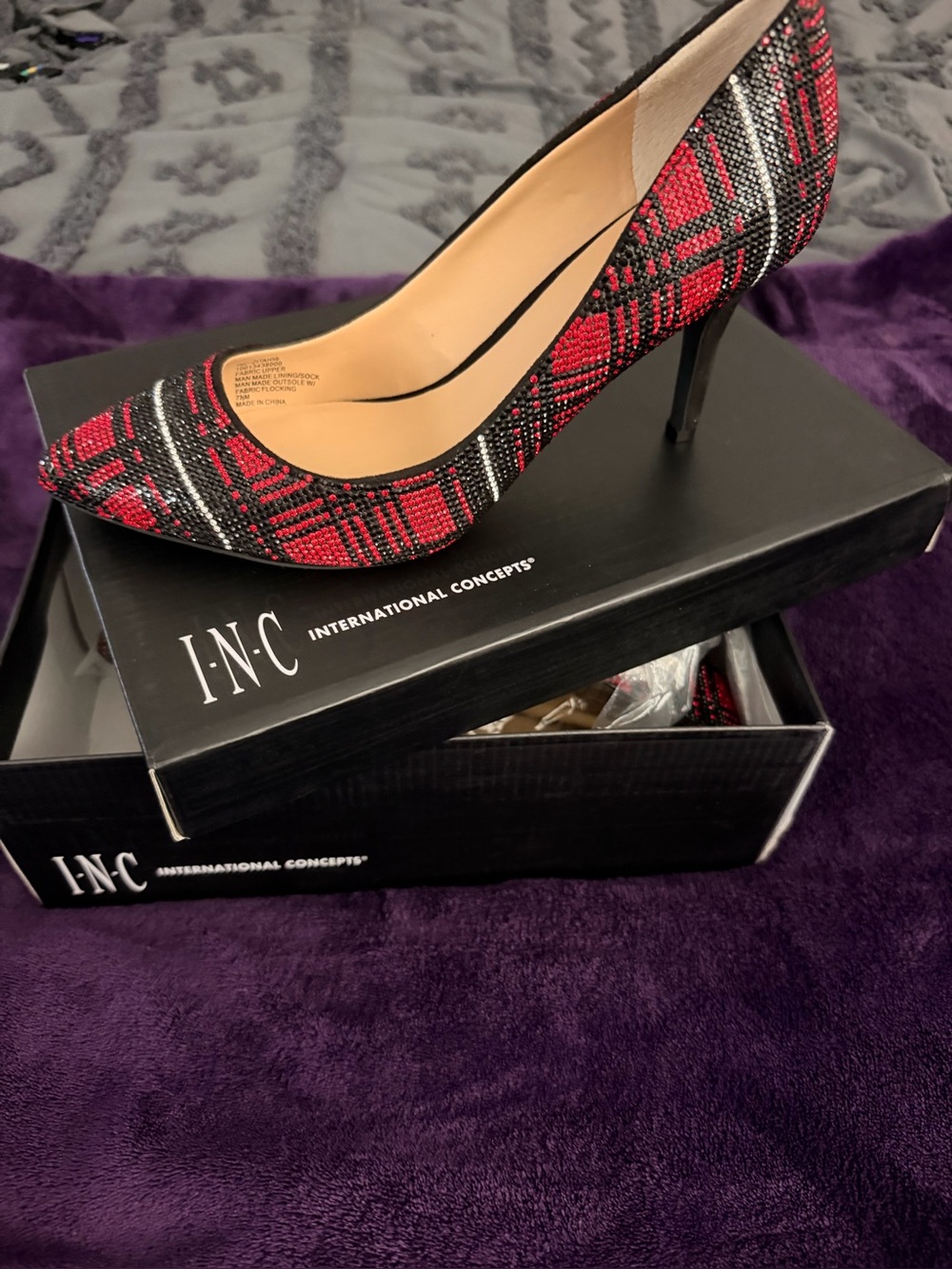 INC International Concepts Red and Black Plaid Pointed Toe Stiletto Pump